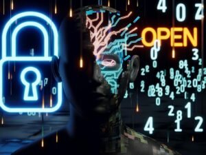 Dystopisches Porträt eines mit leuchtenden Kabeln und digitalen Codes durchzogenen menschlichen Kopfes im Halbschatten, unscharfe Logos großer Tech-Konzerne und ein verriegeltes 'OPEN'-Schild im Hintergrund.