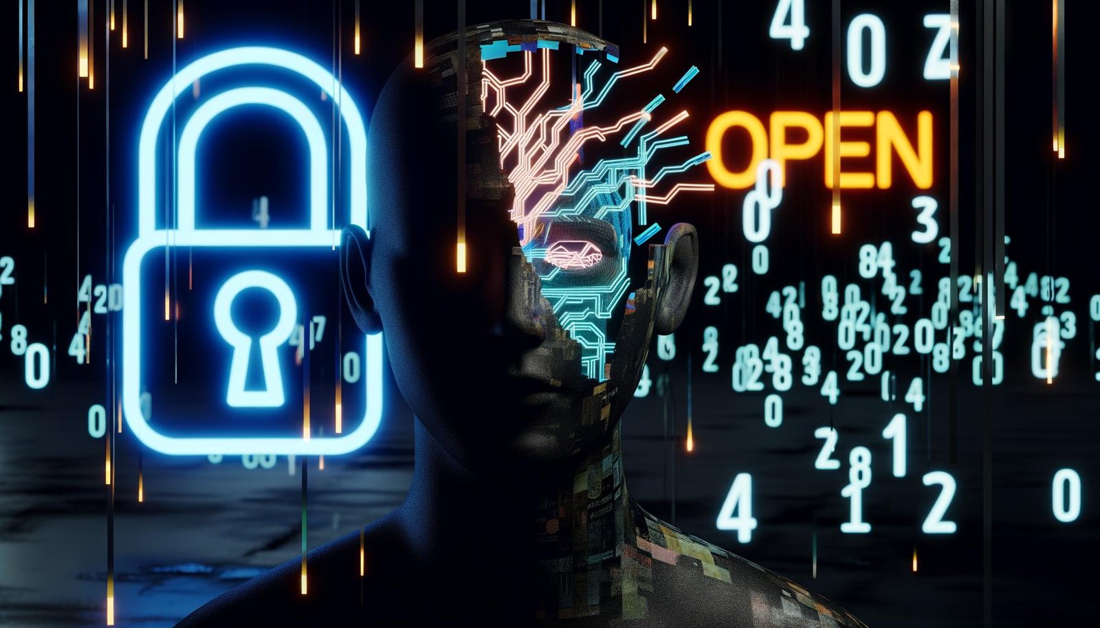 Dystopisches Porträt eines mit leuchtenden Kabeln und digitalen Codes durchzogenen menschlichen Kopfes im Halbschatten, unscharfe Logos großer Tech-Konzerne und ein verriegeltes 'OPEN'-Schild im Hintergrund.