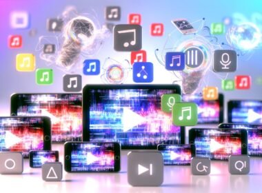 Modernes Titelbild mit Smartphone, Desktop und Tablet, die dynamische Video-Clips zeigen, darüber schweben Symbole für KI, Transkription, Analytics und Workflows, im Hintergrund erkennbare Social-Media-Logos.
