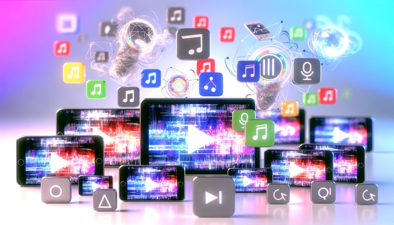 Modernes Titelbild mit Smartphone, Desktop und Tablet, die dynamische Video-Clips zeigen, darüber schweben Symbole für KI, Transkription, Analytics und Workflows, im Hintergrund erkennbare Social-Media-Logos.