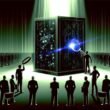 Illustration einer riesigen, glänzenden KI-Blackbox, aus der neonfarbene Datenströme austreten. Bürofiguren mit Lupen stoßen an unsichtbare Barrieren, Tech-Milliardäre werfen lange Schatten. OpenAI-Logo als verschwommenes Detail.