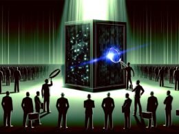 Illustration einer riesigen, glänzenden KI-Blackbox, aus der neonfarbene Datenströme austreten. Bürofiguren mit Lupen stoßen an unsichtbare Barrieren, Tech-Milliardäre werfen lange Schatten. OpenAI-Logo als verschwommenes Detail.