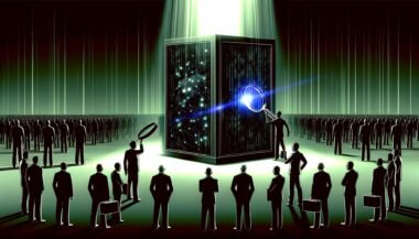 Illustration einer riesigen, glänzenden KI-Blackbox, aus der neonfarbene Datenströme austreten. Bürofiguren mit Lupen stoßen an unsichtbare Barrieren, Tech-Milliardäre werfen lange Schatten. OpenAI-Logo als verschwommenes Detail.