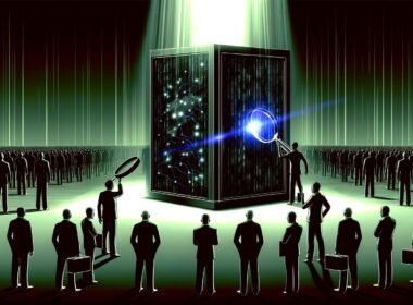 Illustration einer riesigen, glänzenden KI-Blackbox, aus der neonfarbene Datenströme austreten. Bürofiguren mit Lupen stoßen an unsichtbare Barrieren, Tech-Milliardäre werfen lange Schatten. OpenAI-Logo als verschwommenes Detail.