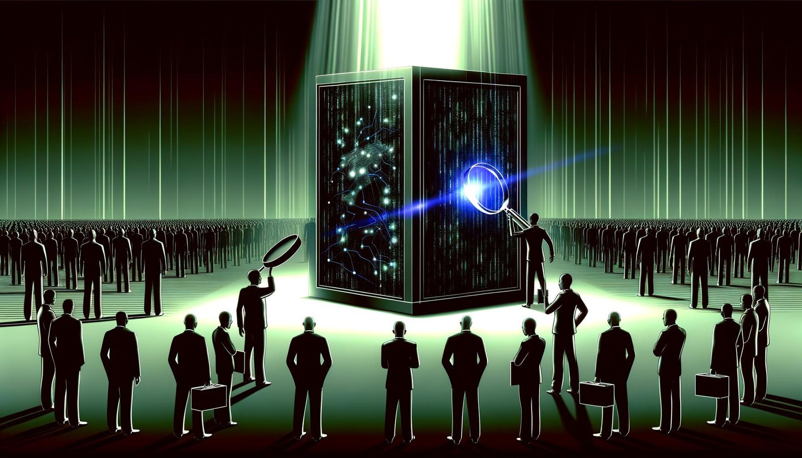 Illustration einer riesigen, glänzenden KI-Blackbox, aus der neonfarbene Datenströme austreten. Bürofiguren mit Lupen stoßen an unsichtbare Barrieren, Tech-Milliardäre werfen lange Schatten. OpenAI-Logo als verschwommenes Detail.