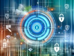 Stilisiertes, verschlüsseltes Daten-Netzwerk als leuchtender Kreis mit digitalen Sicherheits- und Rechtssymbolen vor moderner Stadt-Silhouette in Blau- und Türkistönen – Titelbild zum Thema Data Compliance.