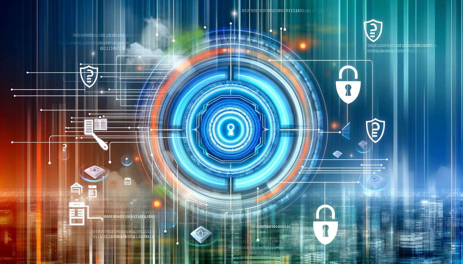 Stilisiertes, verschlüsseltes Daten-Netzwerk als leuchtender Kreis mit digitalen Sicherheits- und Rechtssymbolen vor moderner Stadt-Silhouette in Blau- und Türkistönen – Titelbild zum Thema Data Compliance.