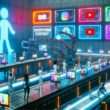 High-Tech-Fabrik mit Menschen und KI-Robotern an Monitoren und Mobilgeräten, umgeben von bunten Social-Media-Bildschirmen, Fließbändern mit Videoclips und leuchtendem „Shortform Content System“-Schriftzug.