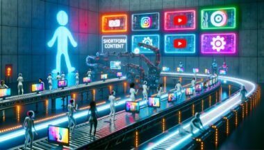High-Tech-Fabrik mit Menschen und KI-Robotern an Monitoren und Mobilgeräten, umgeben von bunten Social-Media-Bildschirmen, Fließbändern mit Videoclips und leuchtendem „Shortform Content System“-Schriftzug.
