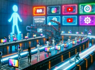 High-Tech-Fabrik mit Menschen und KI-Robotern an Monitoren und Mobilgeräten, umgeben von bunten Social-Media-Bildschirmen, Fließbändern mit Videoclips und leuchtendem „Shortform Content System“-Schriftzug.