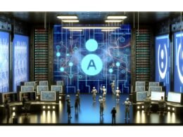 Illustration eines modernen KI-Labors mit OpenAI-Logo, Servern, digitalen Bildschirmen und diskutierenden Figuren zwischen Innovation und Risiken.