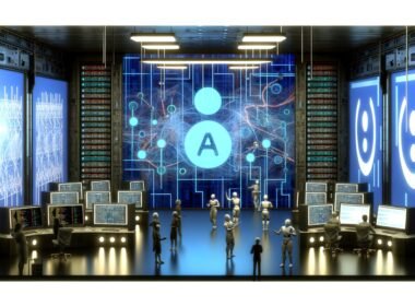 Illustration eines modernen KI-Labors mit OpenAI-Logo, Servern, digitalen Bildschirmen und diskutierenden Figuren zwischen Innovation und Risiken.