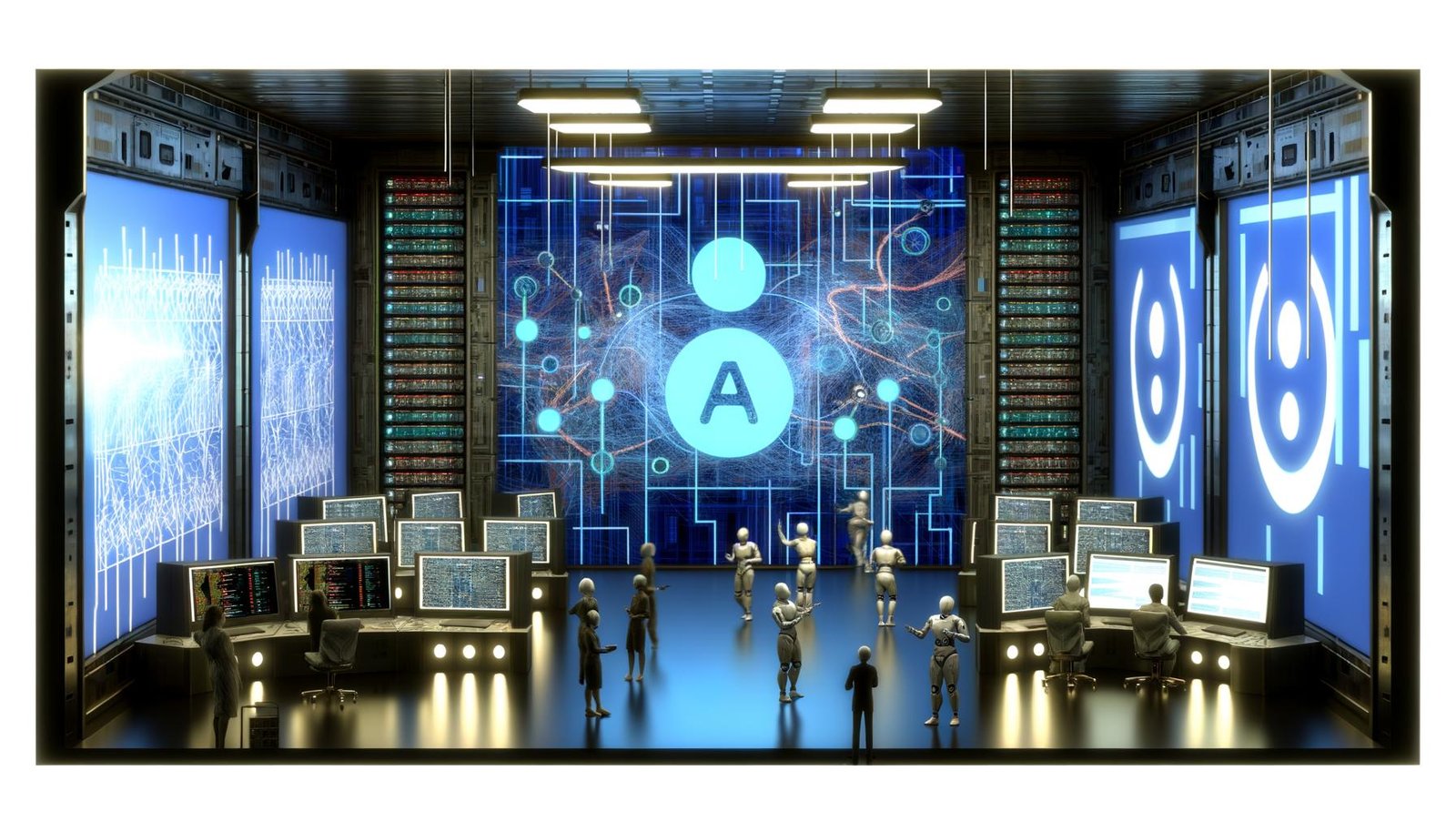 Illustration eines modernen KI-Labors mit OpenAI-Logo, Servern, digitalen Bildschirmen und diskutierenden Figuren zwischen Innovation und Risiken.