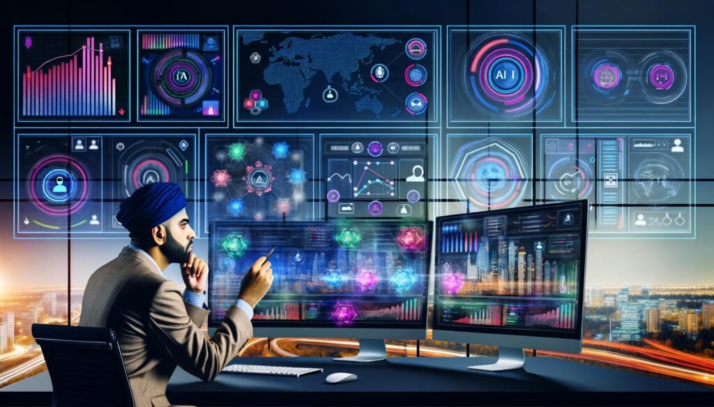 Dynamischer, futuristischer Arbeitsplatz mit großen Monitoren voller bunter Marketing-Dashboards, KPIs und Datenströme, im Vordergrund eine Person in moderner Business-Kleidung, die konzentriert verschiedene Charts analysiert. Visualisiert werden Netzwerke, KI-Symbole, Datenflüsse und Automatisierungs-Icons vor einer futuristischen Großstadt im Hintergrund.