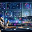 Dynamischer, futuristischer Arbeitsplatz mit großen Monitoren voller bunter Marketing-Dashboards, KPIs und Datenströme, im Vordergrund eine Person in moderner Business-Kleidung, die konzentriert verschiedene Charts analysiert. Visualisiert werden Netzwerke, KI-Symbole, Datenflüsse und Automatisierungs-Icons vor einer futuristischen Großstadt im Hintergrund.
