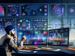Dynamischer, futuristischer Arbeitsplatz mit großen Monitoren voller bunter Marketing-Dashboards, KPIs und Datenströme, im Vordergrund eine Person in moderner Business-Kleidung, die konzentriert verschiedene Charts analysiert. Visualisiert werden Netzwerke, KI-Symbole, Datenflüsse und Automatisierungs-Icons vor einer futuristischen Großstadt im Hintergrund.
