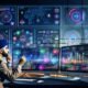 Dynamischer, futuristischer Arbeitsplatz mit großen Monitoren voller bunter Marketing-Dashboards, KPIs und Datenströme, im Vordergrund eine Person in moderner Business-Kleidung, die konzentriert verschiedene Charts analysiert. Visualisiert werden Netzwerke, KI-Symbole, Datenflüsse und Automatisierungs-Icons vor einer futuristischen Großstadt im Hintergrund.