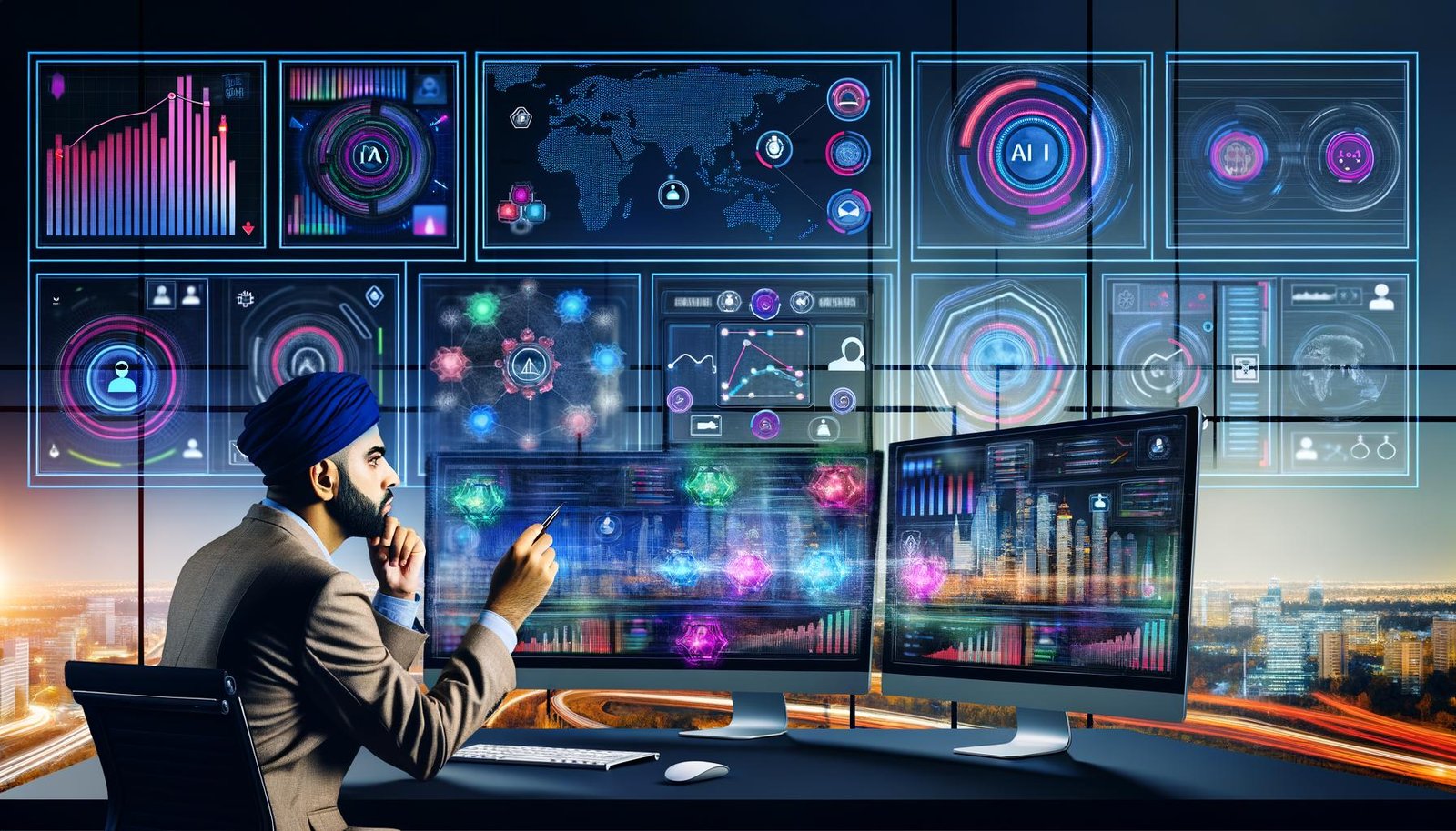 Dynamischer, futuristischer Arbeitsplatz mit großen Monitoren voller bunter Marketing-Dashboards, KPIs und Datenströme, im Vordergrund eine Person in moderner Business-Kleidung, die konzentriert verschiedene Charts analysiert. Visualisiert werden Netzwerke, KI-Symbole, Datenflüsse und Automatisierungs-Icons vor einer futuristischen Großstadt im Hintergrund.