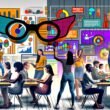 Dynamisches Marketingteam in modernem Büro mit Laptops, großen bunten Dashboards und Datenbrille als Symbol für datengetriebenes Arbeiten. Im Hintergrund graue Marketing-Charts.