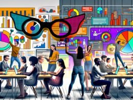 Dynamisches Marketingteam in modernem Büro mit Laptops, großen bunten Dashboards und Datenbrille als Symbol für datengetriebenes Arbeiten. Im Hintergrund graue Marketing-Charts.