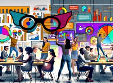 Dynamisches Marketingteam in modernem Büro mit Laptops, großen bunten Dashboards und Datenbrille als Symbol für datengetriebenes Arbeiten. Im Hintergrund graue Marketing-Charts.