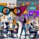 Dynamisches Marketingteam in modernem Büro mit Laptops, großen bunten Dashboards und Datenbrille als Symbol für datengetriebenes Arbeiten. Im Hintergrund graue Marketing-Charts.