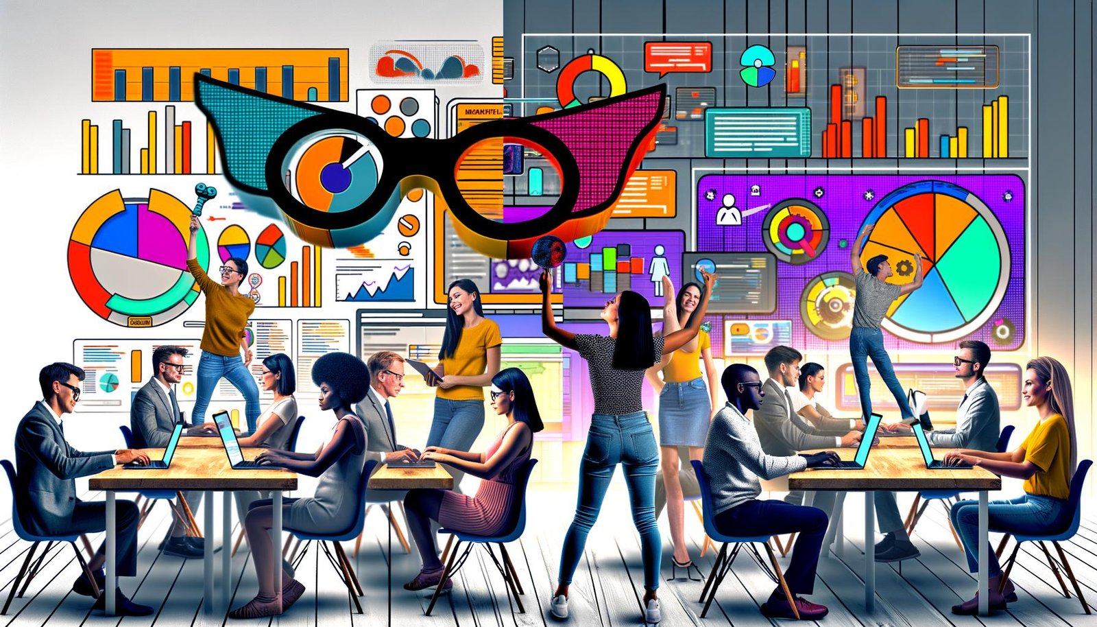 Dynamisches Marketingteam in modernem Büro mit Laptops, großen bunten Dashboards und Datenbrille als Symbol für datengetriebenes Arbeiten. Im Hintergrund graue Marketing-Charts.