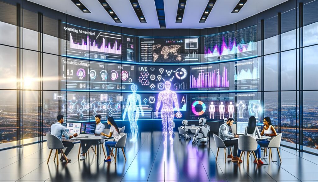 Futuristisch gestaltetes, offenes Marketingbüro mit digitalen Dashboards, Robotern, KI-Hologrammen und Echtzeit-Datenanalysen an den Wänden