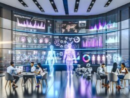 Futuristisch gestaltetes, offenes Marketingbüro mit digitalen Dashboards, Robotern, KI-Hologrammen und Echtzeit-Datenanalysen an den Wänden