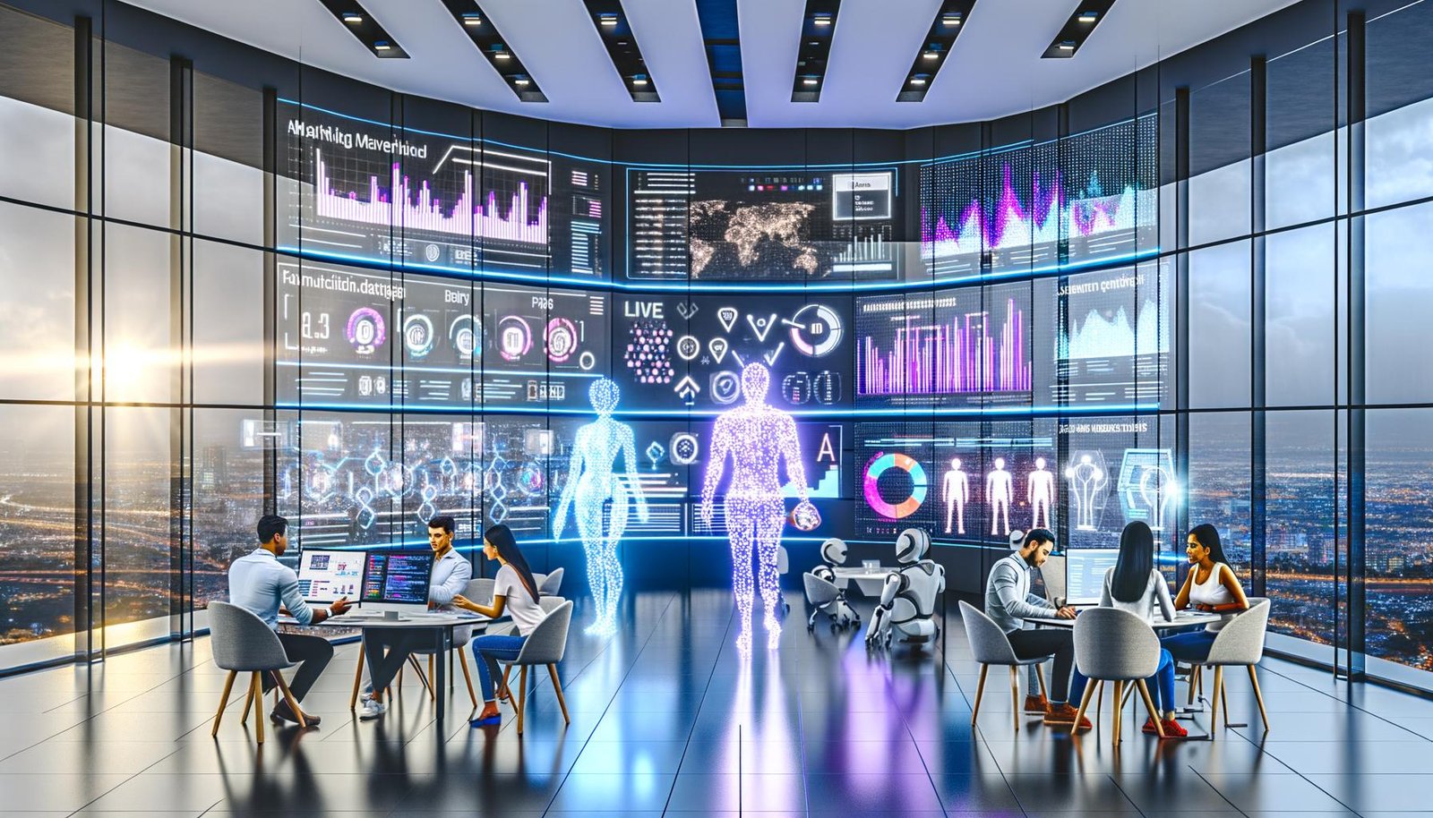 Futuristisch gestaltetes, offenes Marketingbüro mit digitalen Dashboards, Robotern, KI-Hologrammen und Echtzeit-Datenanalysen an den Wänden