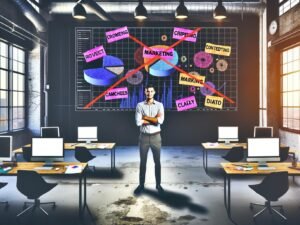 Ein selbstbewusstes Marketing-Team in einem industriellen Loft-Büro, umgeben von Datenvisualisierungen und markanten Post-its, im kompromisslosen 404-Magazin-Stil.