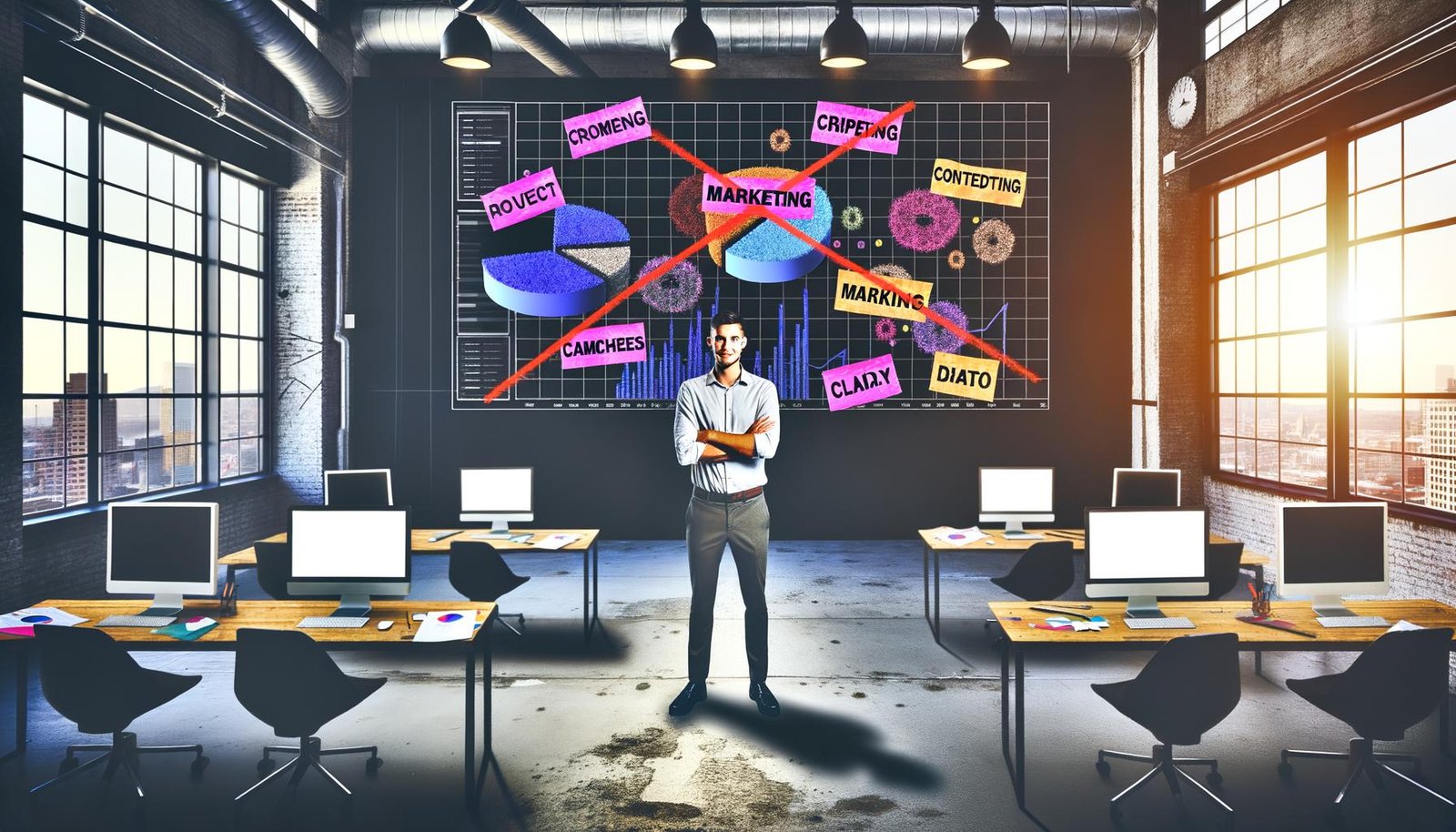 Ein selbstbewusstes Marketing-Team in einem industriellen Loft-Büro, umgeben von Datenvisualisierungen und markanten Post-its, im kompromisslosen 404-Magazin-Stil.