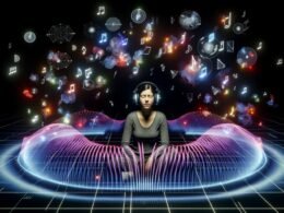 Person mit Kopfhörern in dunklem Raum, umgeben von farbigen 3D-Soundwellen, Tönen und holografischen Audiografiken für Head-Tracking und Binaural-Technik