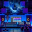 Futuristisches Tonstudio mit Ambisonics-Mikrofon, binauralem Dummy-Head-Mikrofon, High-End-Kopfhörern und großen Bildschirmen mit 3D-Audio-Wellenformen in moderner, blau-violetter Umgebung.
