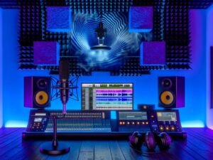 Futuristisches Tonstudio mit Ambisonics-Mikrofon, binauralem Dummy-Head-Mikrofon, High-End-Kopfhörern und großen Bildschirmen mit 3D-Audio-Wellenformen in moderner, blau-violetter Umgebung.