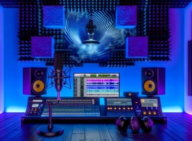 Futuristisches Tonstudio mit Ambisonics-Mikrofon, binauralem Dummy-Head-Mikrofon, High-End-Kopfhörern und großen Bildschirmen mit 3D-Audio-Wellenformen in moderner, blau-violetter Umgebung.