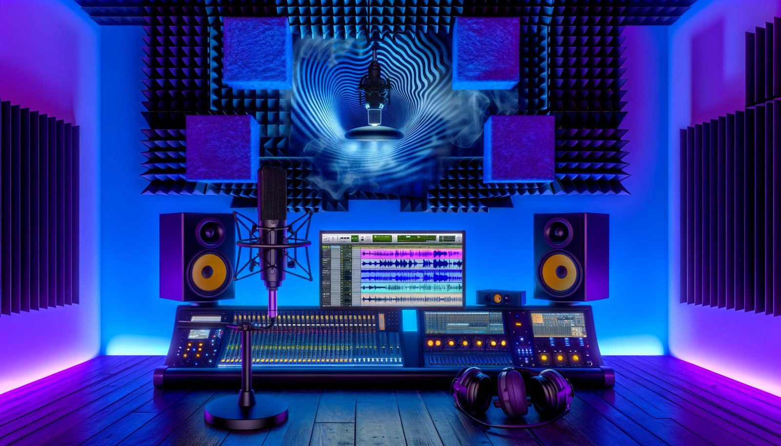 Futuristisches Tonstudio mit Ambisonics-Mikrofon, binauralem Dummy-Head-Mikrofon, High-End-Kopfhörern und großen Bildschirmen mit 3D-Audio-Wellenformen in moderner, blau-violetter Umgebung.
