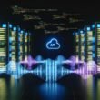 Dunkler, futuristischer Maschinenraum mit großen Servern, Monitoren mit Audiowellen, Code, SEO-Daten und API-Verbindungen zu Cloud-Diensten.