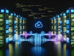 Dunkler, futuristischer Maschinenraum mit großen Servern, Monitoren mit Audiowellen, Code, SEO-Daten und API-Verbindungen zu Cloud-Diensten.