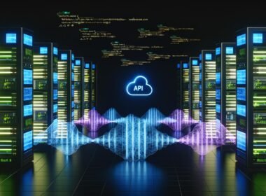 Dunkler, futuristischer Maschinenraum mit großen Servern, Monitoren mit Audiowellen, Code, SEO-Daten und API-Verbindungen zu Cloud-Diensten.