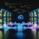 Dunkler, futuristischer Maschinenraum mit großen Servern, Monitoren mit Audiowellen, Code, SEO-Daten und API-Verbindungen zu Cloud-Diensten.