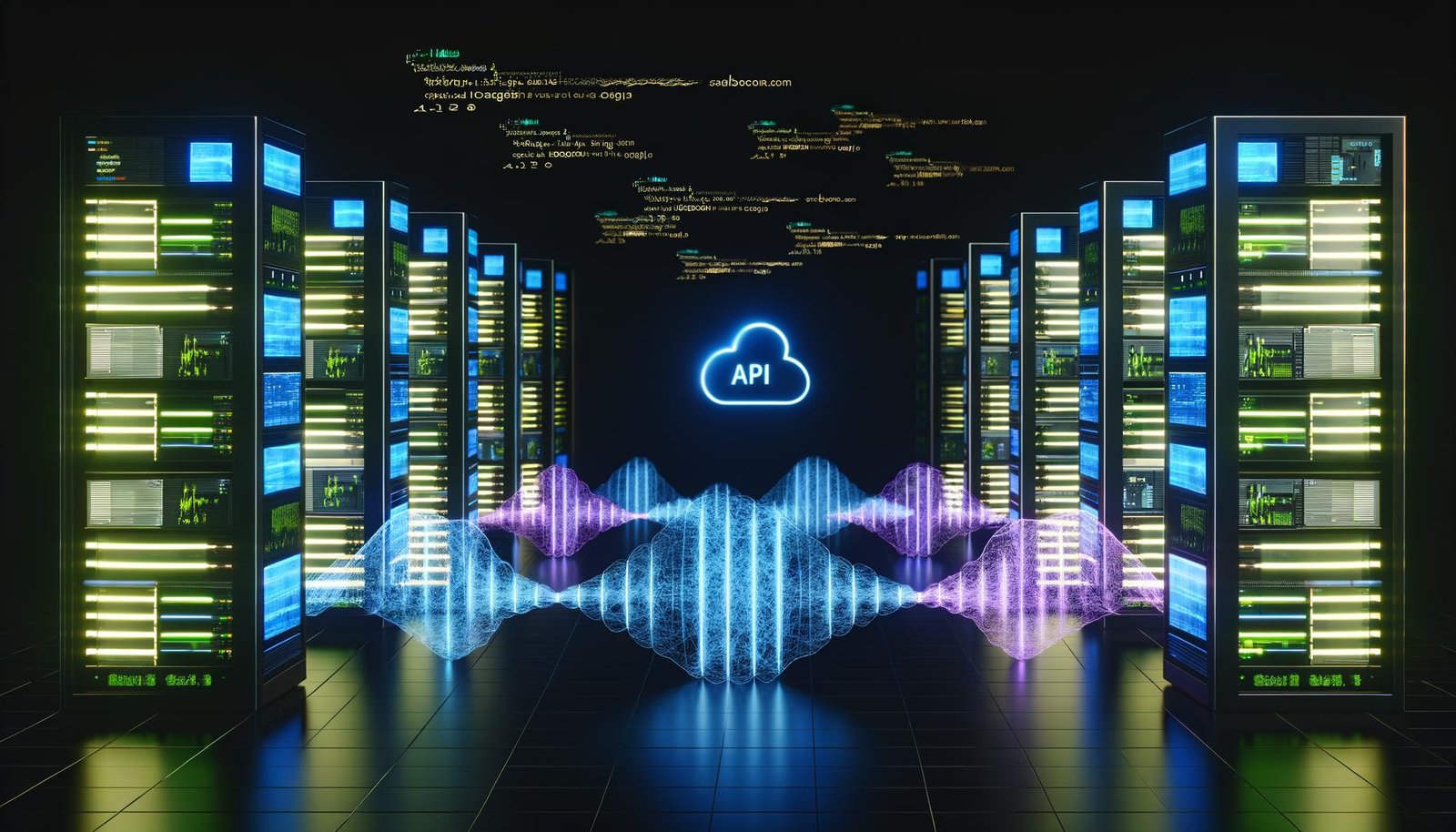 Dunkler, futuristischer Maschinenraum mit großen Servern, Monitoren mit Audiowellen, Code, SEO-Daten und API-Verbindungen zu Cloud-Diensten.