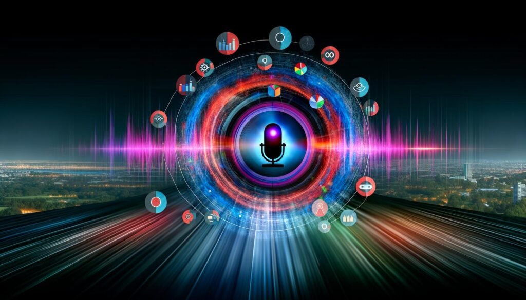 Abstraktes Magazincover mit Sprachassistent, digitalen Soundwellen, Marketing-Symbolen und leuchtender Aufschrift 'Voice Marketing Strategie' vor einer Skyline aus Datenströmen.