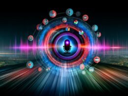 Abstraktes Magazincover mit Sprachassistent, digitalen Soundwellen, Marketing-Symbolen und leuchtender Aufschrift 'Voice Marketing Strategie' vor einer Skyline aus Datenströmen.