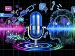 Modernes Editorial-Cover mit stilisiertem Mikrofon, KI-gesteuerten Wellen, Audioformen und Social Media-Icons, diskutierenden Köpfen mit Headsets und digital-futuristischem Design.