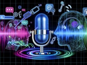 Modernes Editorial-Cover mit stilisiertem Mikrofon, KI-gesteuerten Wellen, Audioformen und Social Media-Icons, diskutierenden Köpfen mit Headsets und digital-futuristischem Design.