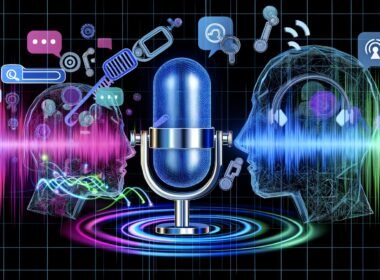 Modernes Editorial-Cover mit stilisiertem Mikrofon, KI-gesteuerten Wellen, Audioformen und Social Media-Icons, diskutierenden Köpfen mit Headsets und digital-futuristischem Design.
