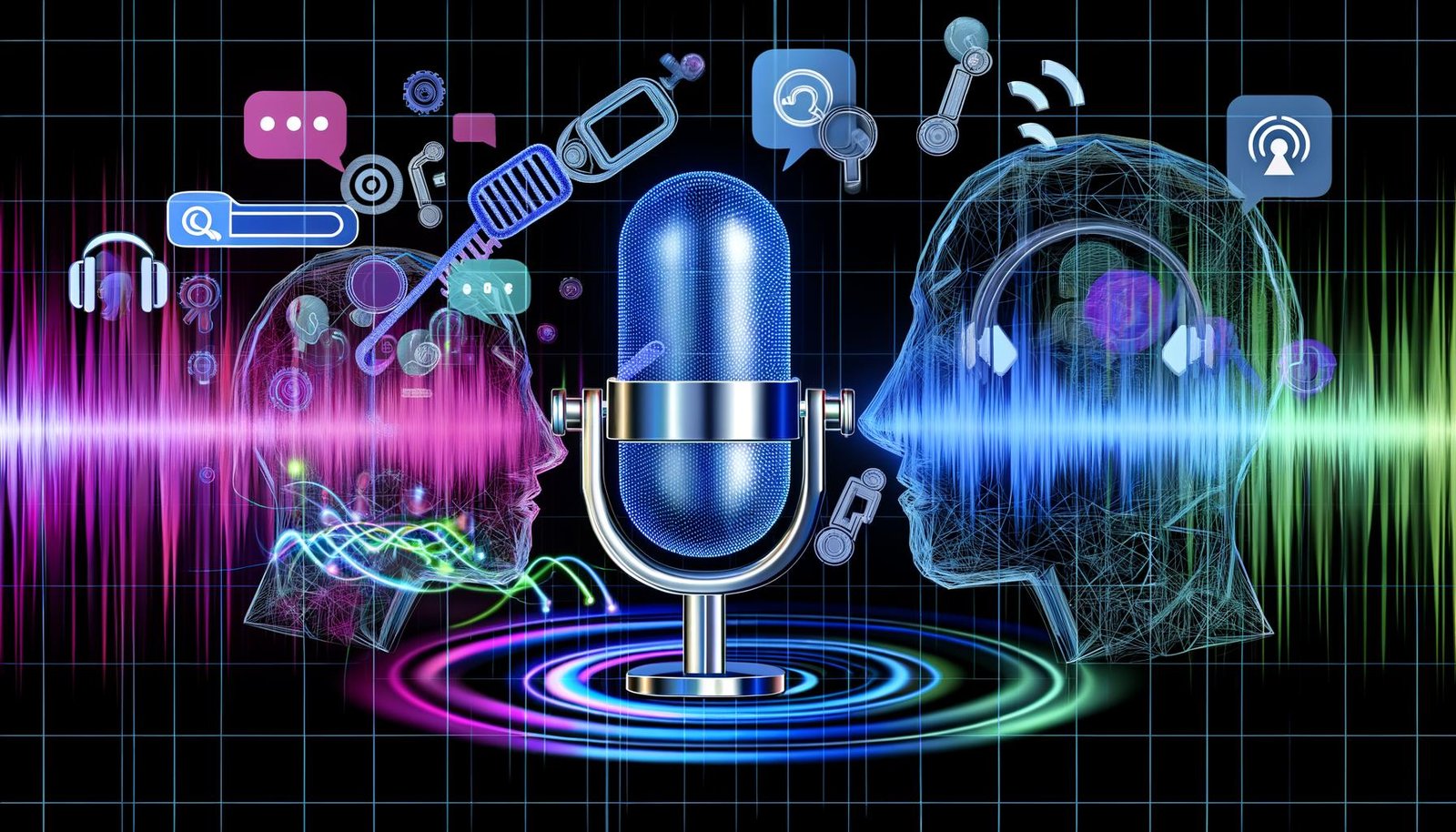 Modernes Editorial-Cover mit stilisiertem Mikrofon, KI-gesteuerten Wellen, Audioformen und Social Media-Icons, diskutierenden Köpfen mit Headsets und digital-futuristischem Design.