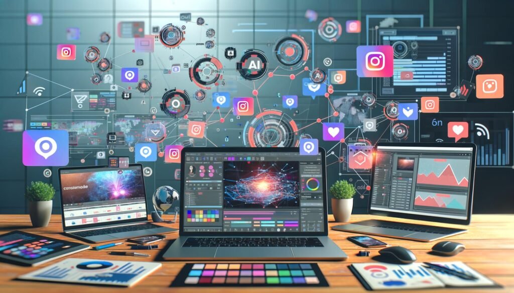 Ein moderner, visueller Social-Media-Arbeitsplatz 2025 mit geöffneter Software für Video, KI-Text, Analytics und Social Feeds auf mehreren Laptops.