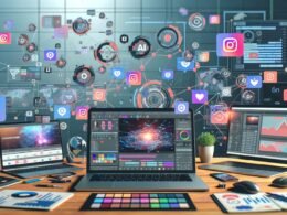Ein moderner, visueller Social-Media-Arbeitsplatz 2025 mit geöffneter Software für Video, KI-Text, Analytics und Social Feeds auf mehreren Laptops.